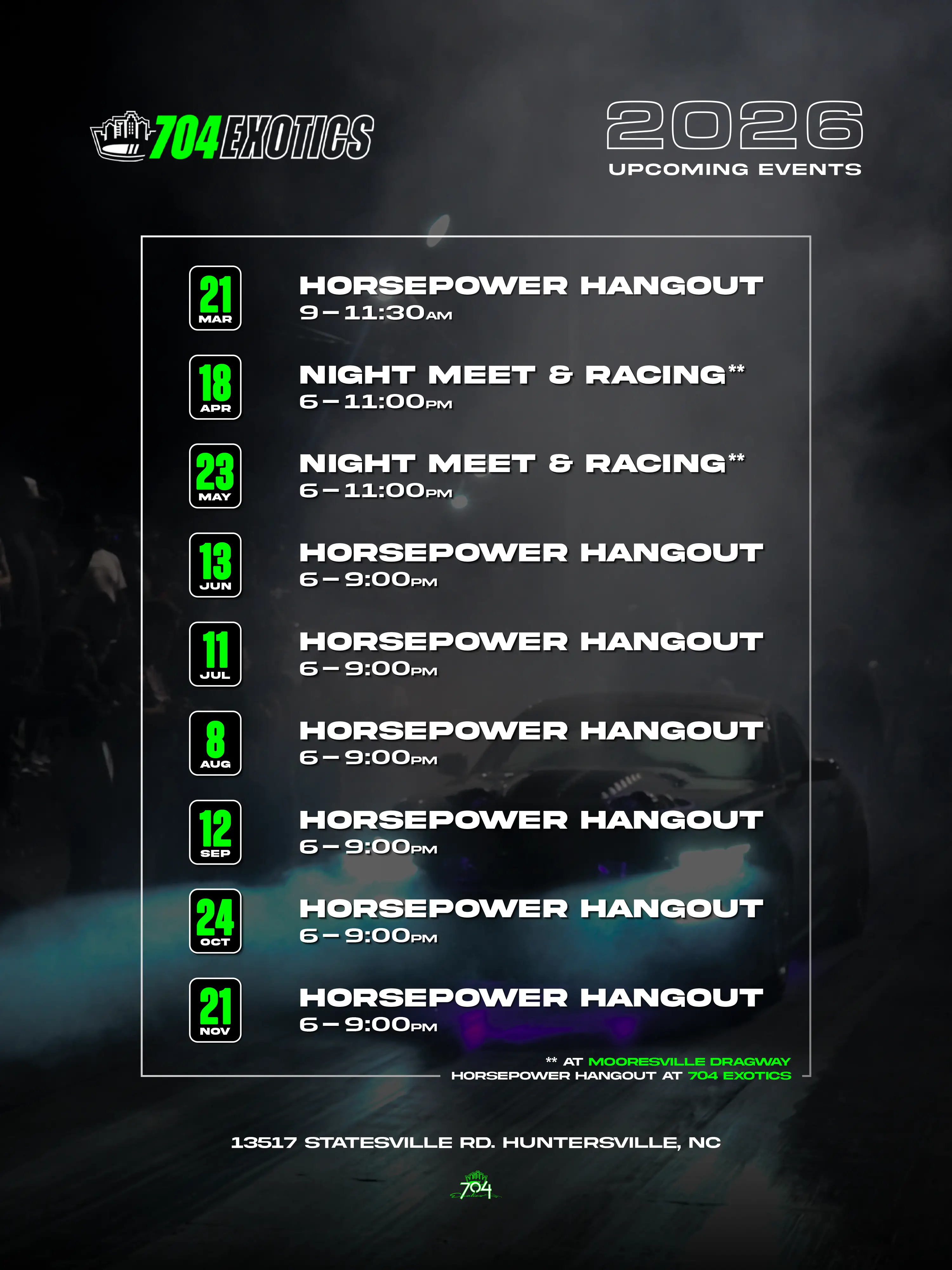 704 Exotics 2026 Upcoming Events