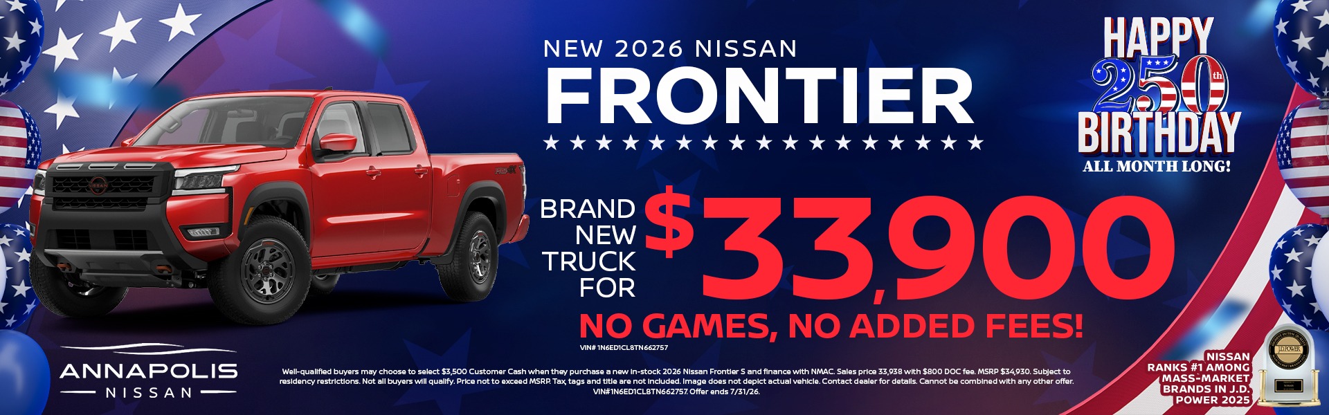2026 Nissan Frontier Brand new truck for $33,900. No Games, no added fees.