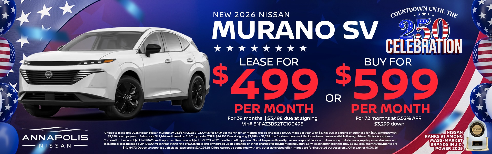2026 Nissan Murano $499 per month lease or buy for $599 per month