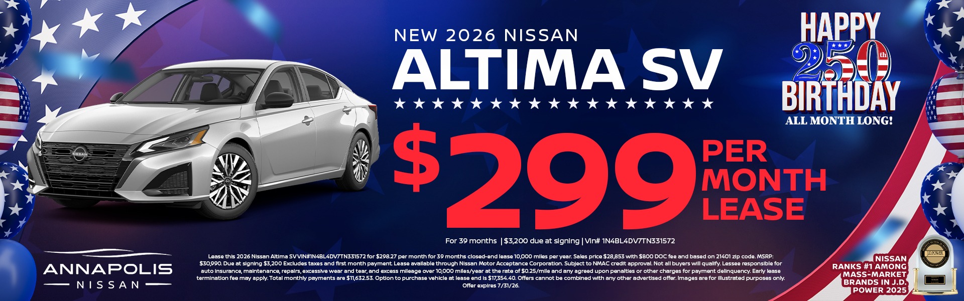Lease a new 2026 Nissan Altima SV for $299 a month for 39 months with $3,200 down!