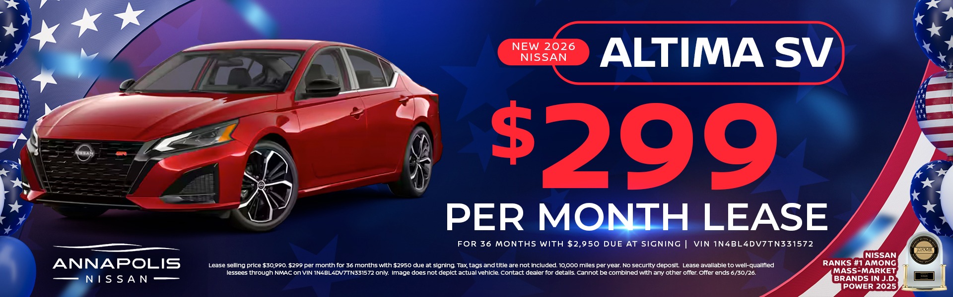 2026 Nissan Altima SV -$299/month $2950 due at signing plus taxes and tags