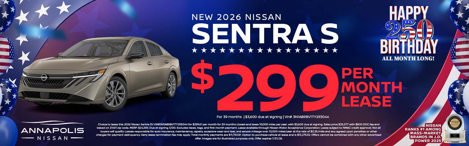 2026 Nissan Sentra S Lease for $299 a month with 3,600 down