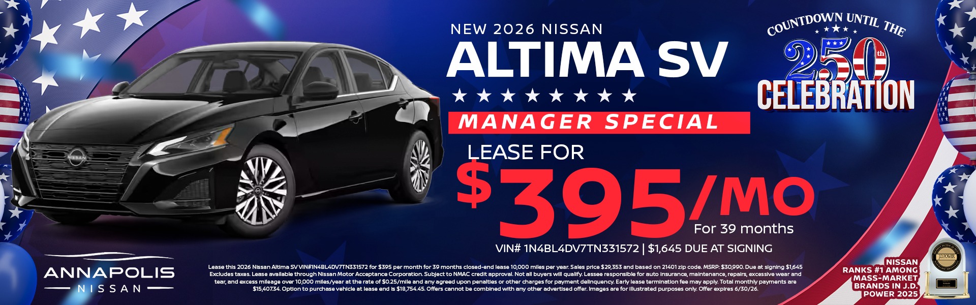 2026 Nissan Altima SV $395/month