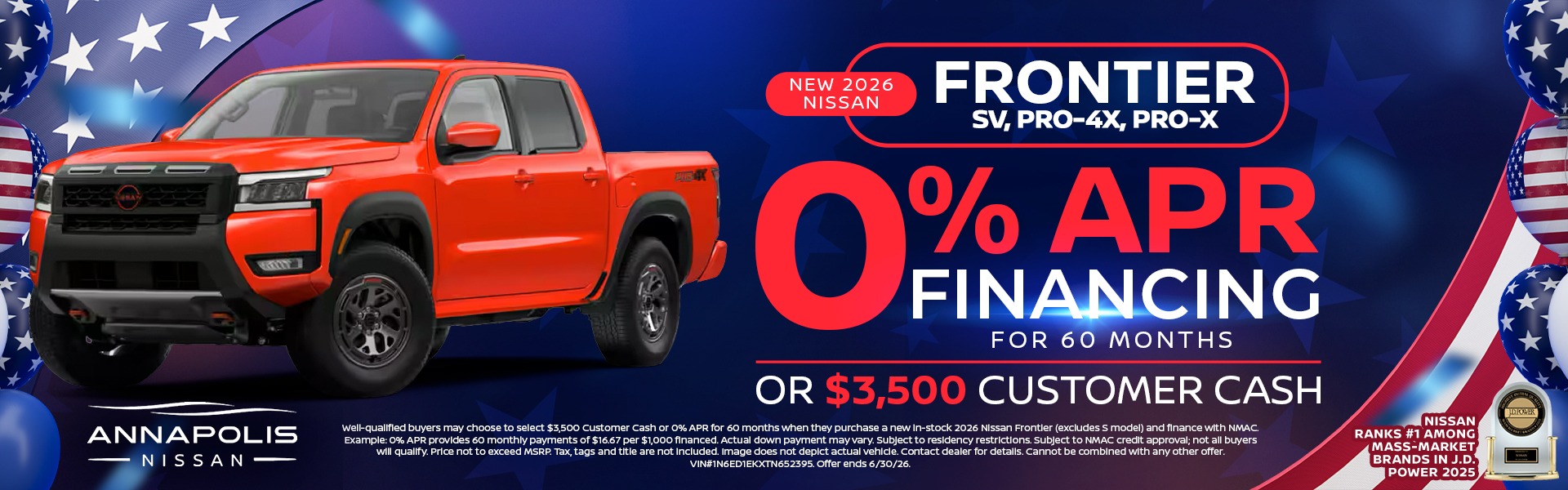 2026 Nissan Frontier   0% for 60 months or $3,500 Cash