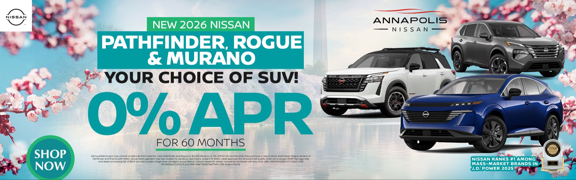 2026 NIssan Pathfinder, Murano, Rogue Your choice of SUV and 0% for 60 months