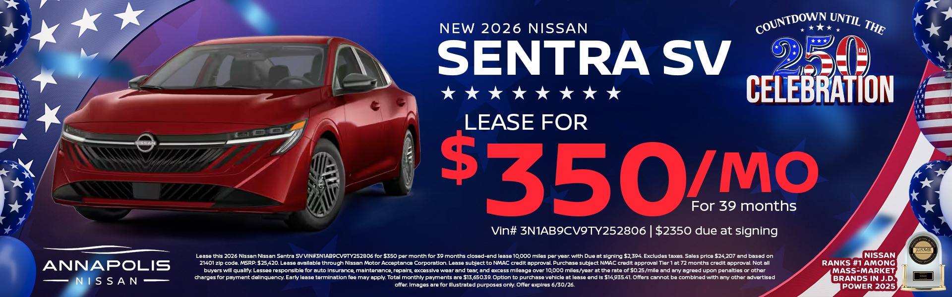2026 Nissan Sentra $350 per month lease