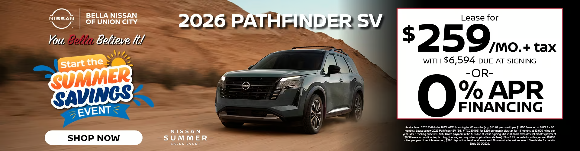 2026 Nissan Pathfinder SV lease for 259 dollars monthly or zero percent financing at Bella Nissan of Union City