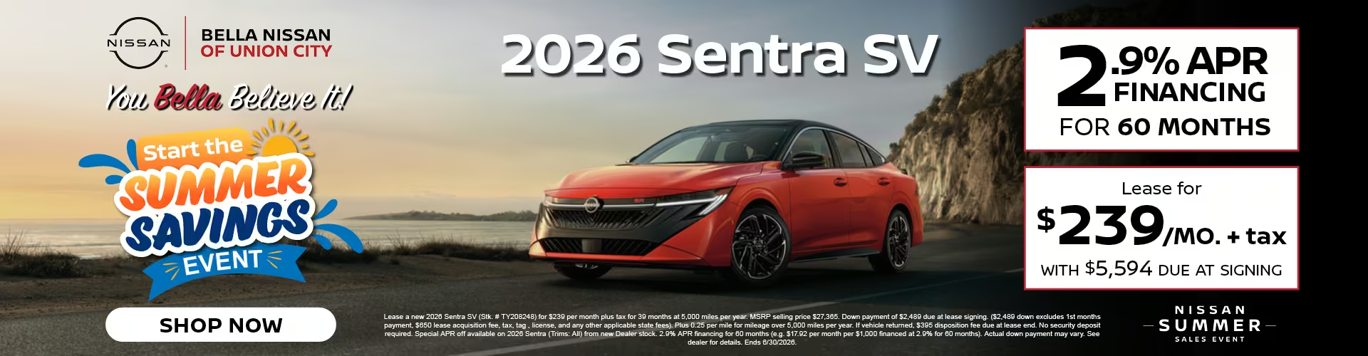 2026 Nissan Sentra lease for 239 dollars monthly or 2.9 percent financing for 60 months at Bella Nissan of Union City
