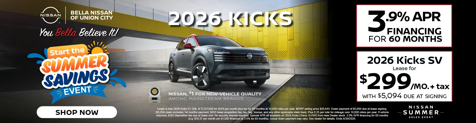 2026 Nissan Kicks 3.9 percent financing for 60 months or lease for 299 dollars monthly at Bella Nissan of Union City