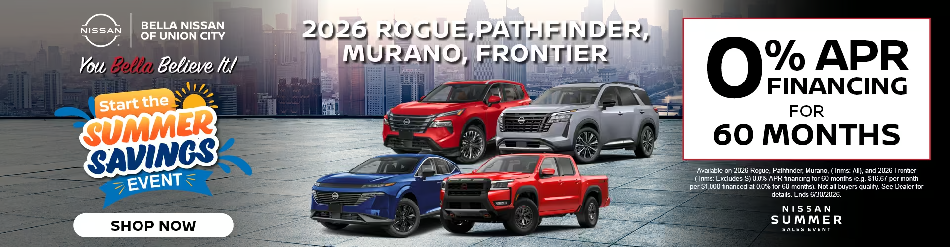 2026 Nissan Rogue Pathfinder Murano Frontier zero percent financing for 60 months at Bella Nissan of Union City