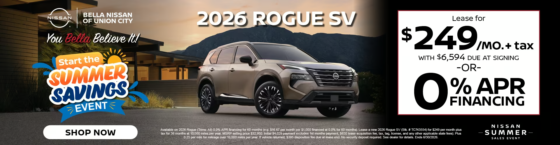 2026 Nissan Rogue SV lease for $249 dollars monthly or zero percent financing at Bella Nissan of Union City Memorial Day
