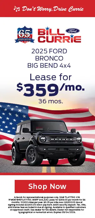 2025 Ford Bronco Big Bend 4X4 lease for $359 per month for 36 months at Bill Currie Ford