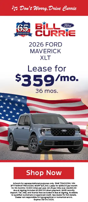 2026 Ford Maverick XLT lease for $359 per month for 36 months at Bill Currie Ford
