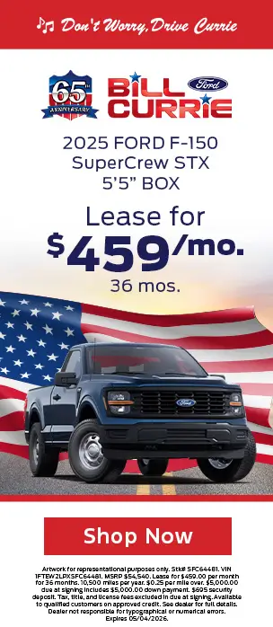 2025 Ford F-150 SuperCrew STX lease for $459 per month for 36 months at Bill Currie Ford