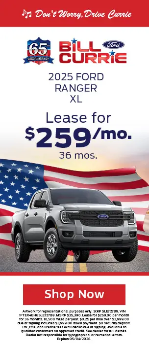 2025 Ford Ranger XL lease for $259 per month for 36 months at Bill Currie Ford