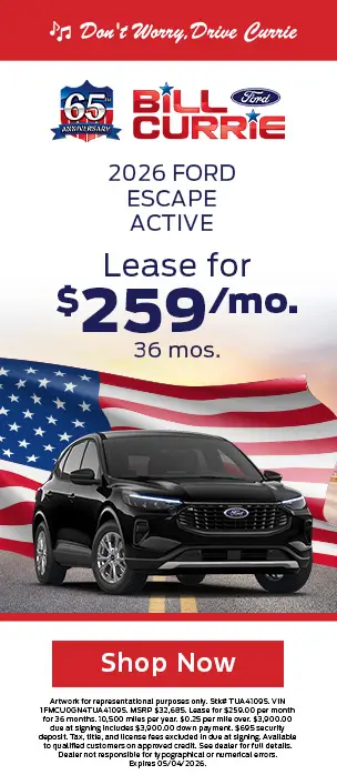 2026 Ford Escape Active lease for $259 per month for 36 months at Bill Currie Ford