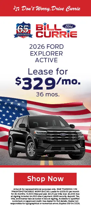 2026 Ford Explorer Active lease for $329 per month for 36 months at Bill Currie Ford