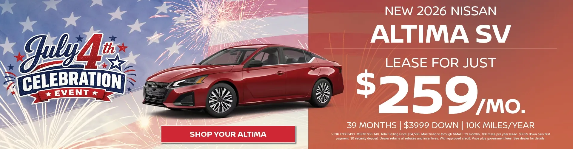 Nissan of Cape Coral July 4th sale: lease a new 2026 Nissan Altima SV for $259/mo.