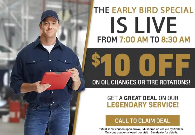 Coupon for Early Bird Special 7:00 AM to 8:30 PM, $10 Off Oil Changes or Tire Rotations