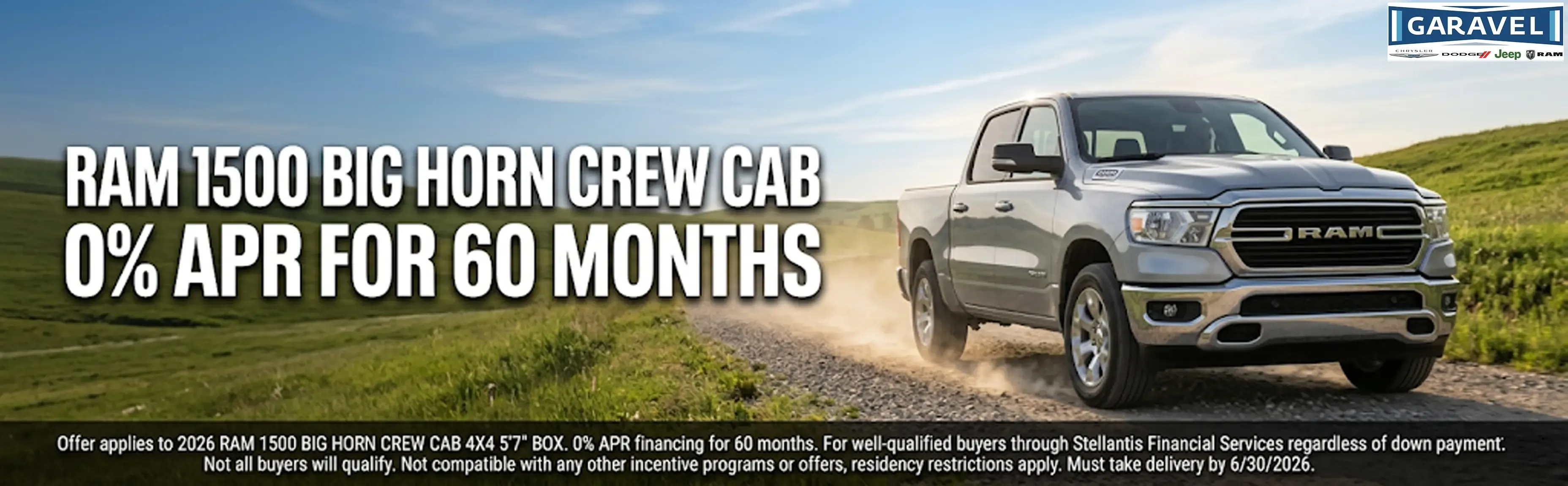 2026 Ram 1500 Big Horn Crew Cab with 0 percent annual percentage rate for 60 months at Garavel Chrysler Jeep Dodge Ram