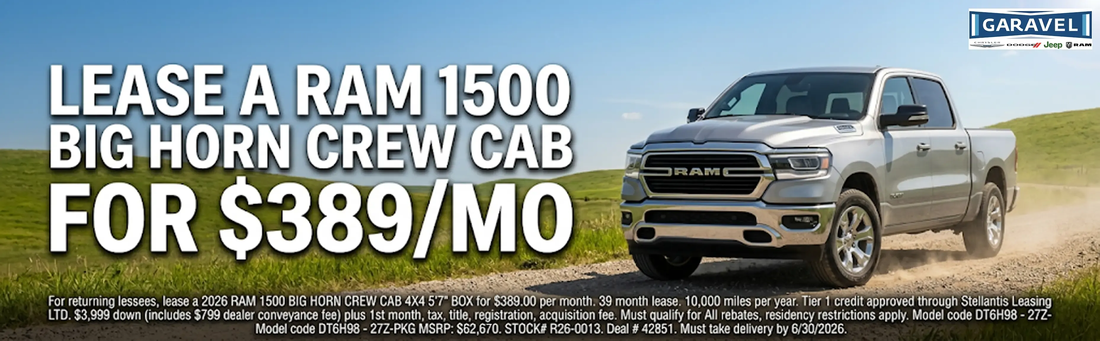 Lease a 2026 Ram 1500 Big Horn Crew Cab for 389 dollars per month at Garavel Chrysler Jeep Dodge Ram