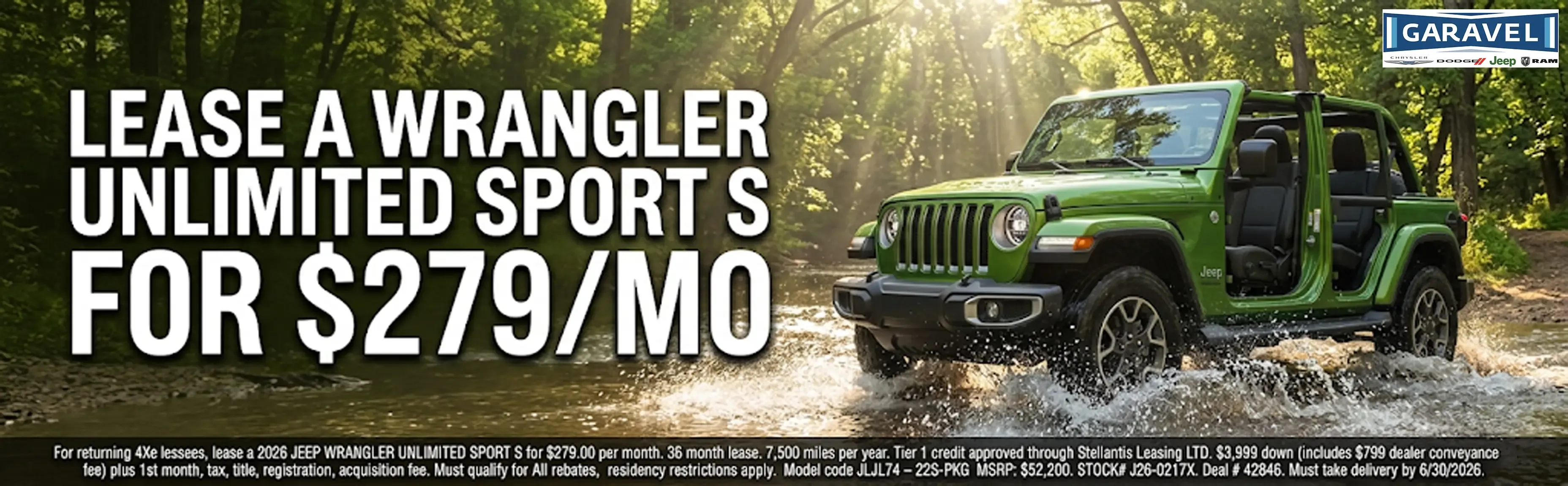 Lease a 2026 Jeep Wrangler Unlimited Sport S for 279 dollars per month at Garavel Chrysler Jeep Dodge Ram
