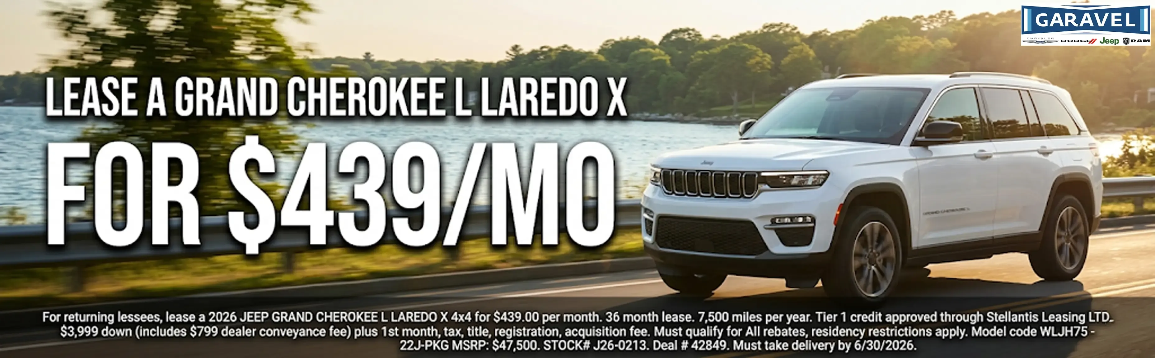 Lease a 2026 Jeep Grand Cherokee L Laredo X for $439 a month at Garavel.