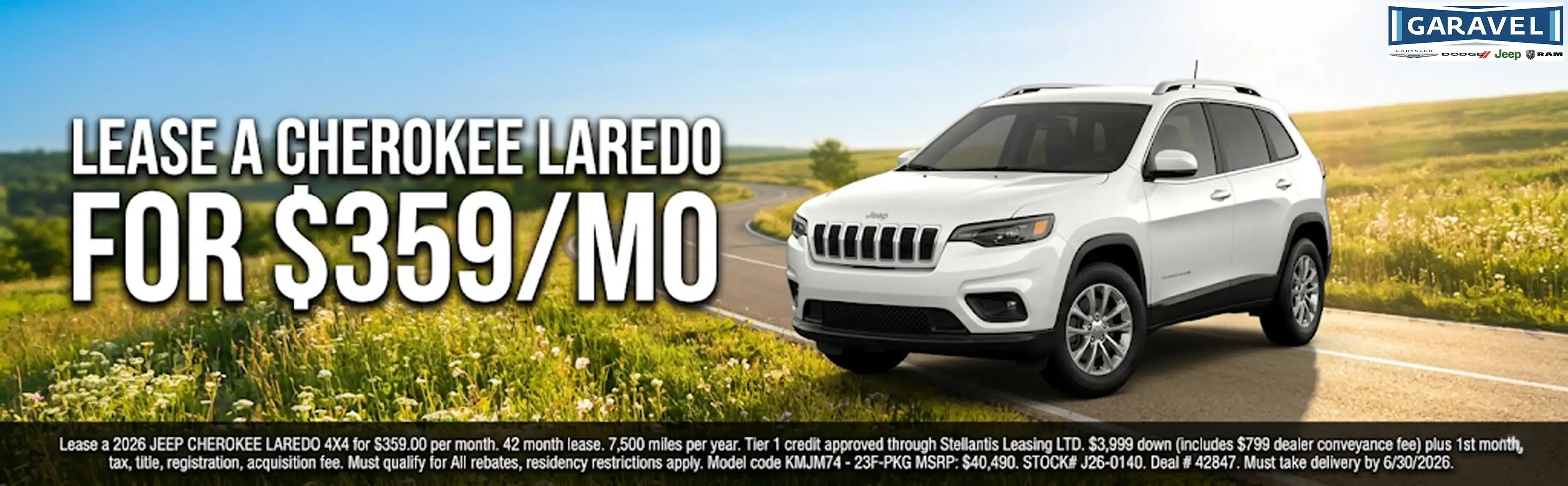 Lease a 2026 Jeep Cherokee Laredo for $359 a month at Garavel.