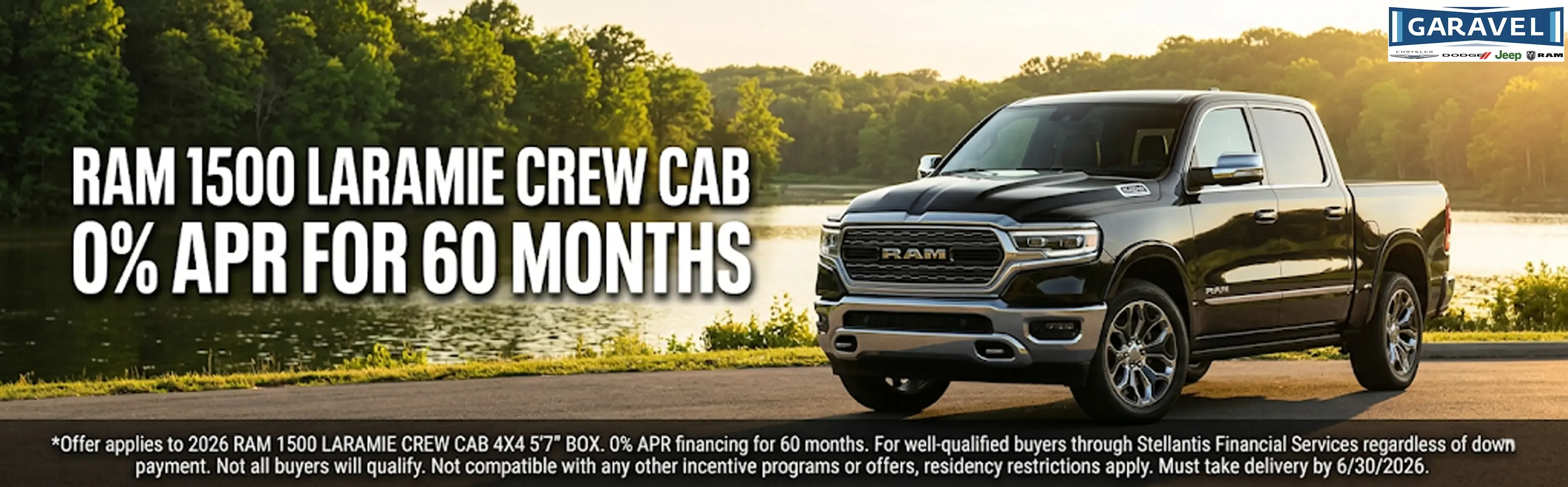 2026 Ram 1500 Laramie Crew Cab with 0 percent annual percentage rate for 60 months at Garavel Chrysler Jeep Dodge Ram