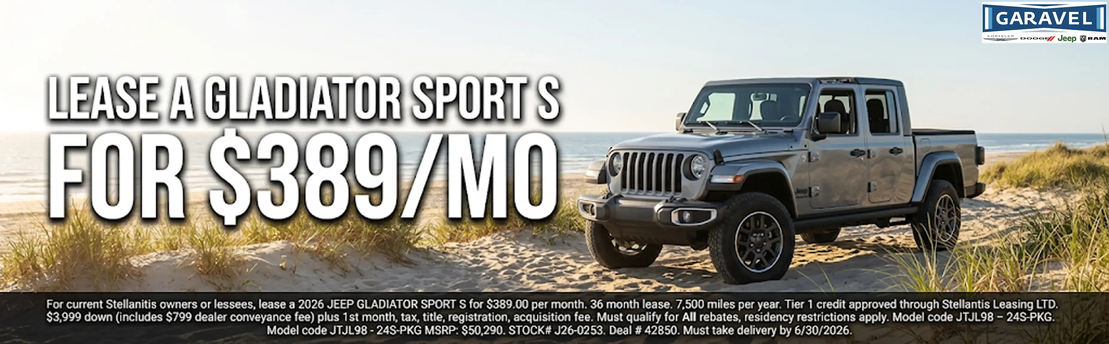 Lease a 2026 Jeep Gladiator Sport S for $389 a month at Garavel.