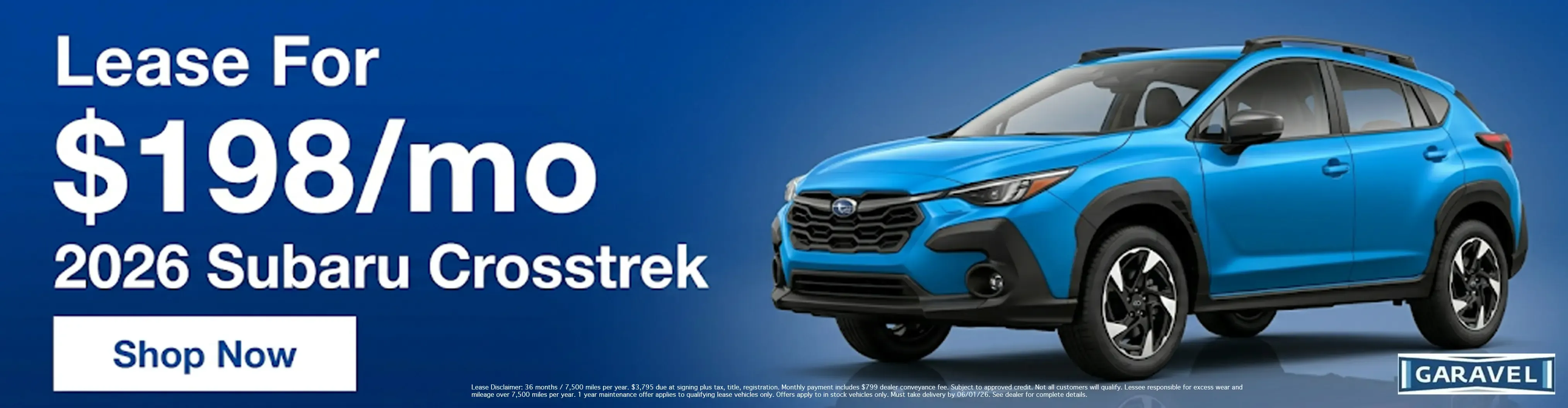 2026 Subaru Crosstrek lease for 198 dollars a month at Garavel Subaru dealership shop now