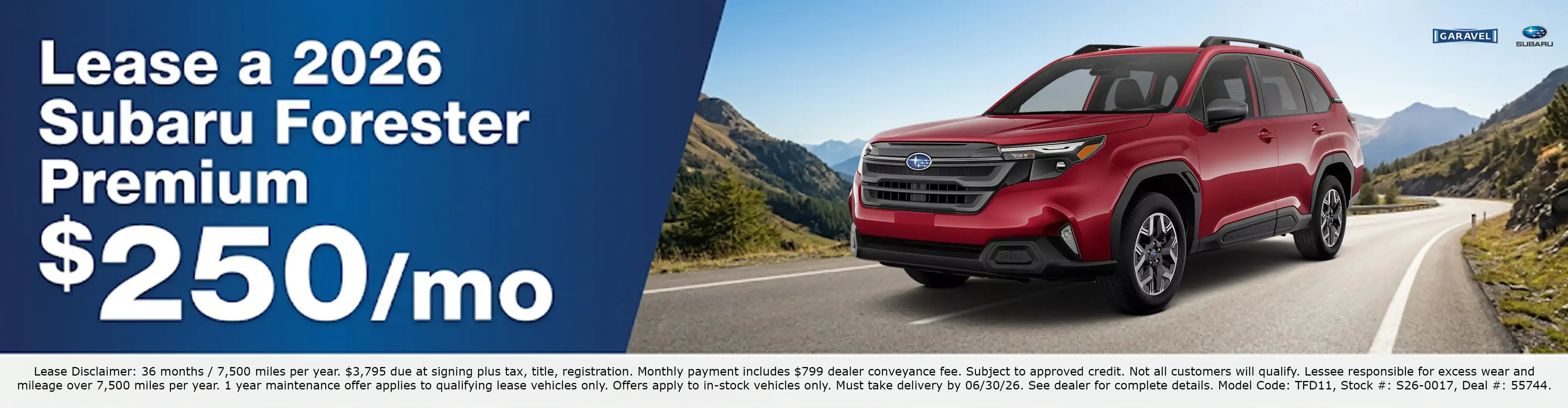 Lease a 2026 Subaru Forester Premium for 250 dollars per month at Garavel Subaru