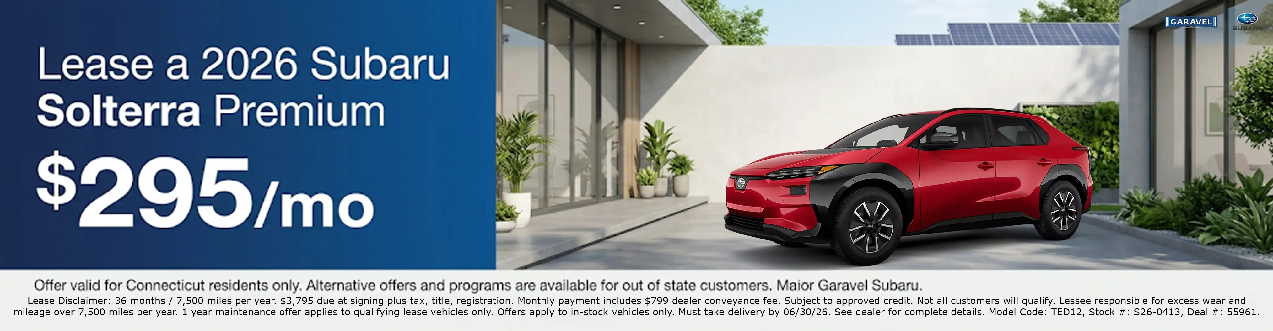 Lease a 2026 Subaru Solterra Premium for 295 dollars per month at Garavel Subaru