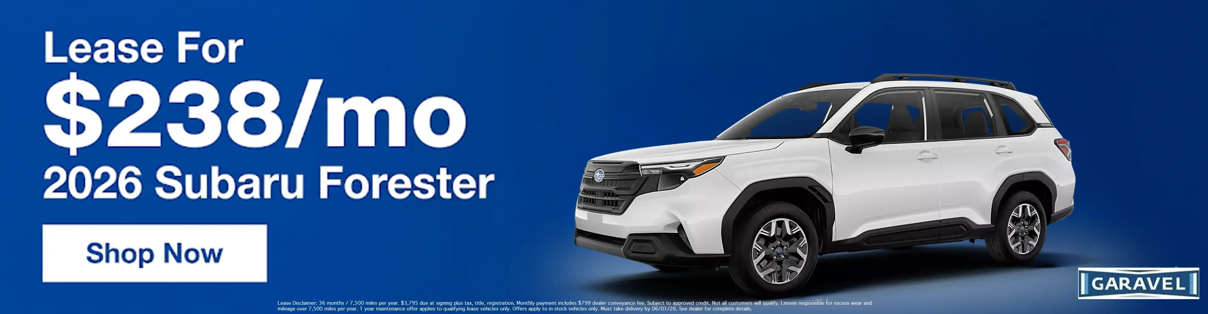 2026 Subaru Forester lease for 238 dollars a month at Garavel Subaru dealership shop now