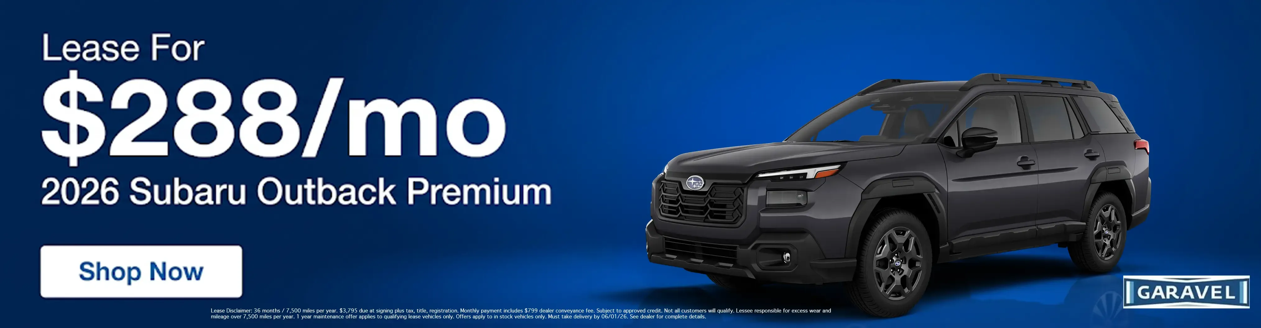 2026 Subaru Outback Premium lease for 288 dollars a month at Garavel Subaru dealership shop now