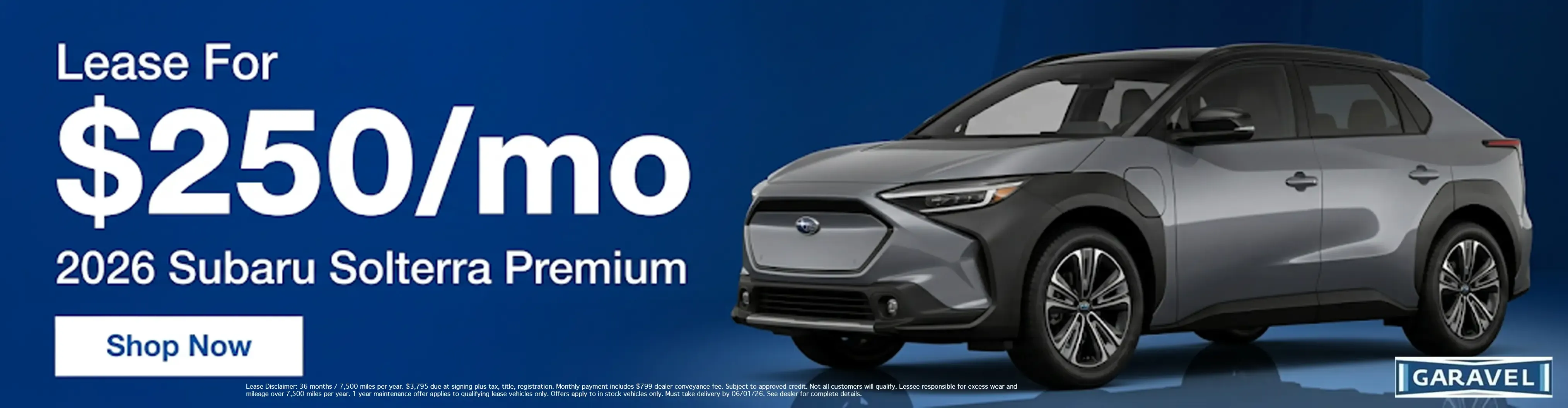 2026 Subaru Solterra Premium lease for 250 dollars a month at Garavel Subaru dealership shop now