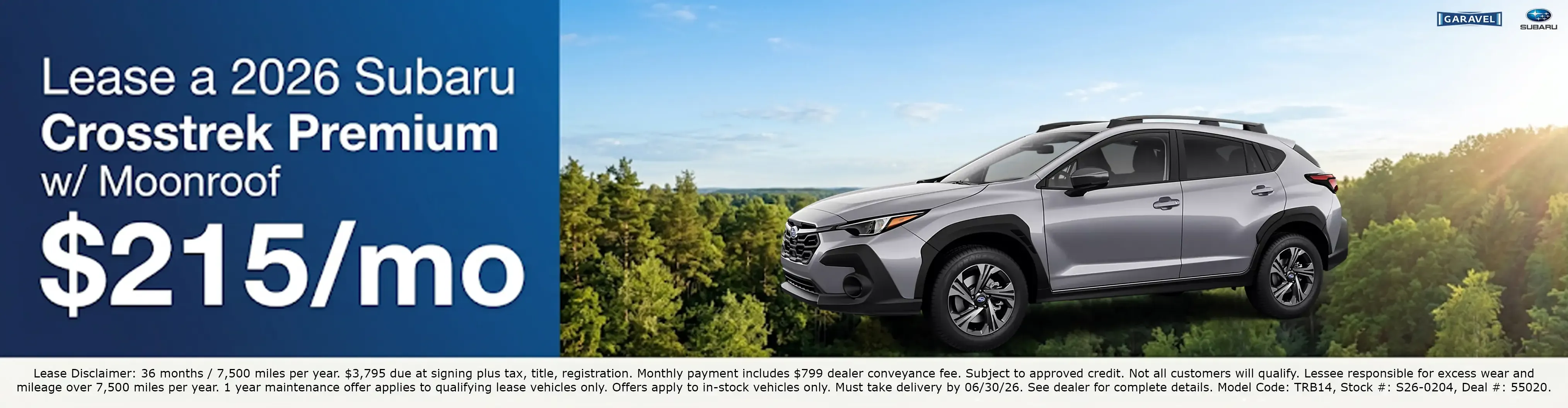 Lease a 2026 Subaru Crosstrek Premium with Moonroof for 215 dollars per month at Garavel Subaru