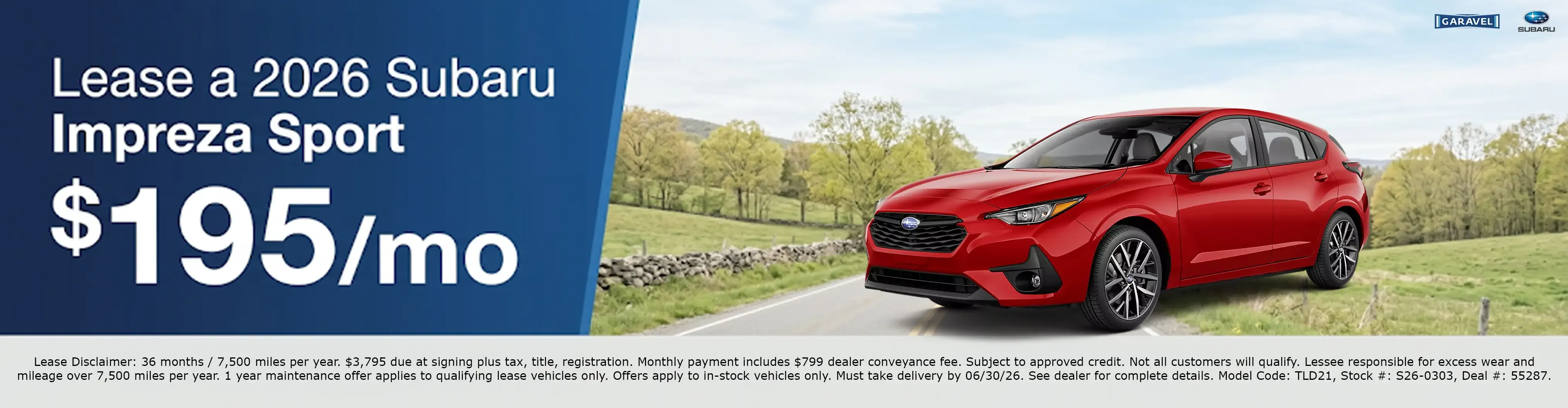 Lease a 2026 Subaru Impreza Sport for 195 dollars per month at Garavel Subaru