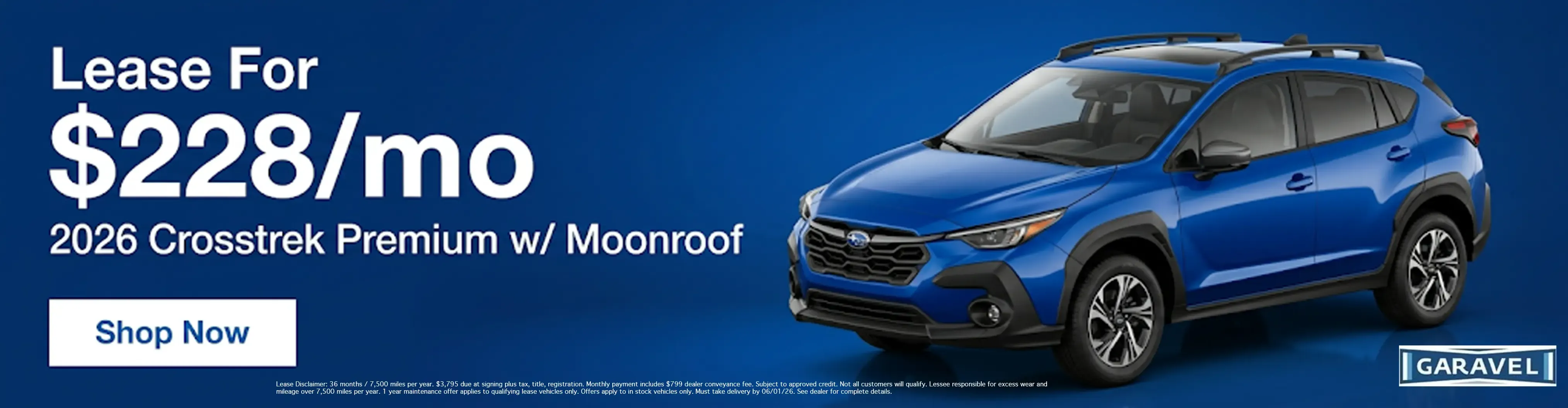 2026 Subaru Crosstrek Premium with moonroof lease for 228 dollars a month at Garavel Subaru dealership