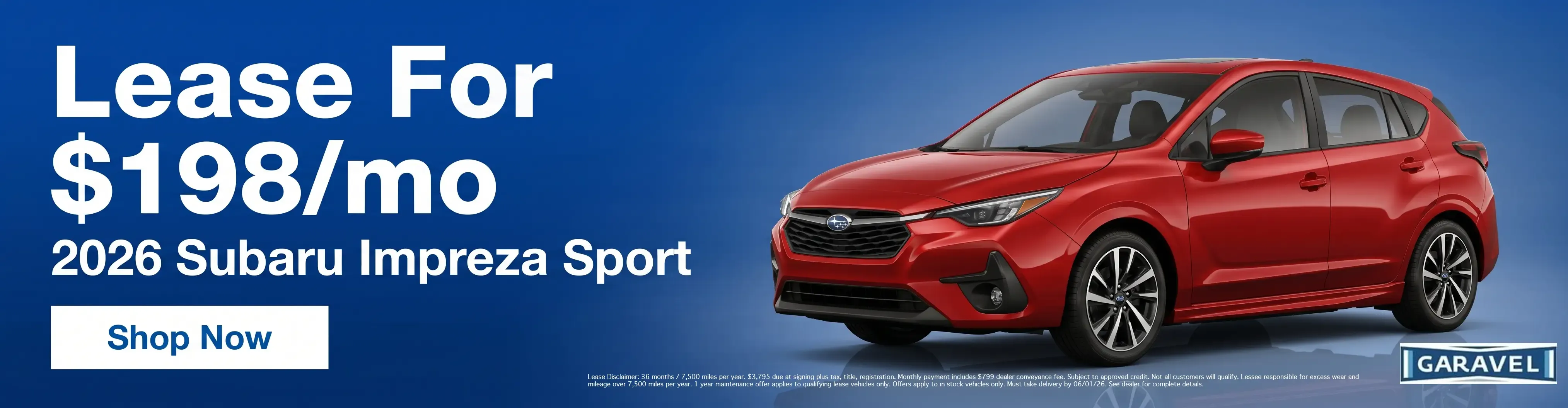 2026 Subaru Impreza Sport lease for 198 dollars a month at Garavel Subaru dealership shop now