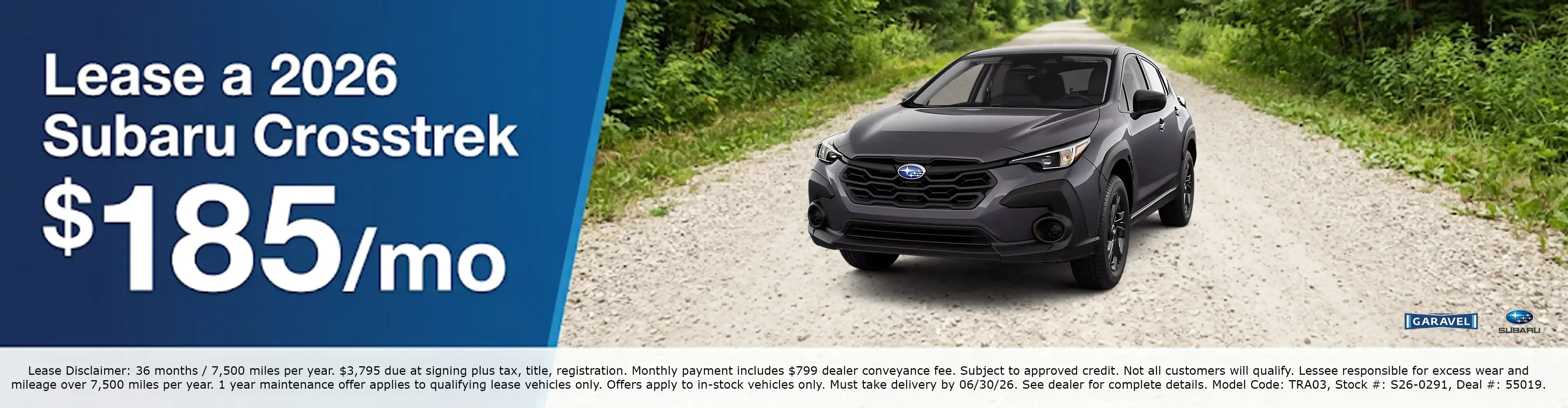 Lease a 2026 Subaru Crosstrek for 185 dollars per month at Garavel Subaru