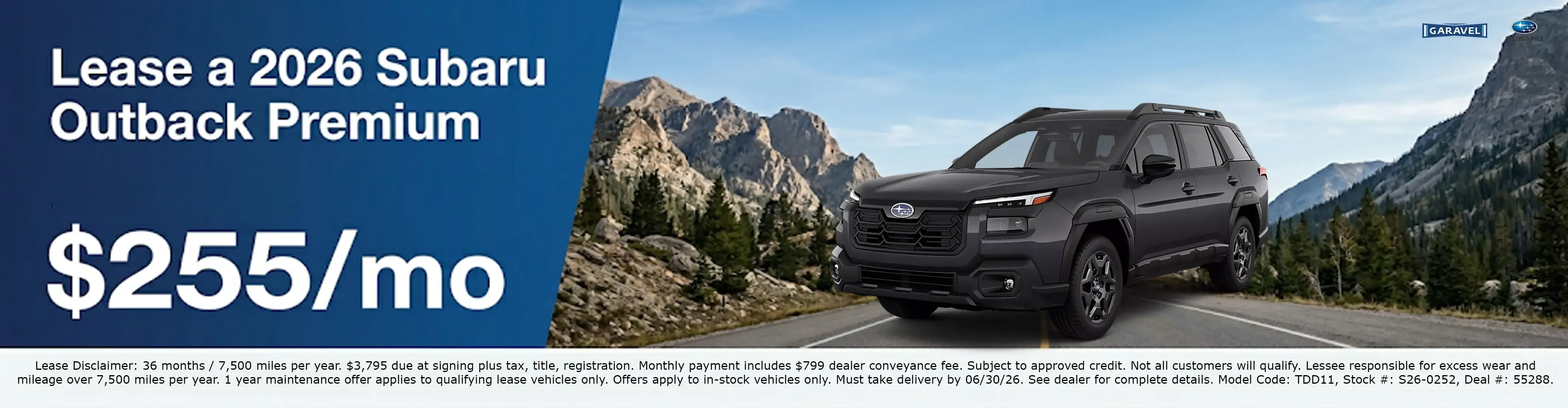 Lease a 2026 Subaru Outback Premium for 255 dollars per month at Garavel Subaru