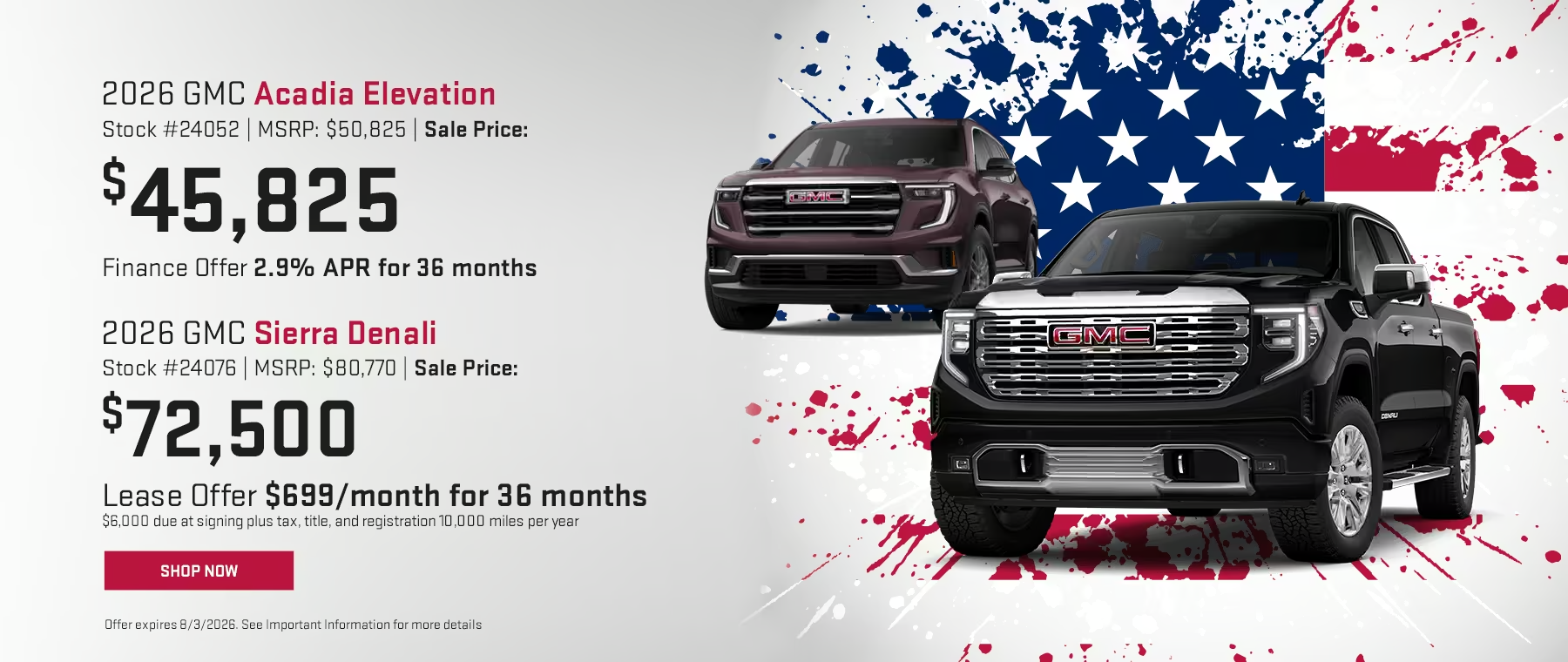 2026 GMC Acadia Elevation for $45,825, 2026 GMC Sierra Denali for $72,500