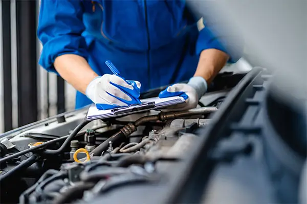 Technician inspecting a luxury vehicle