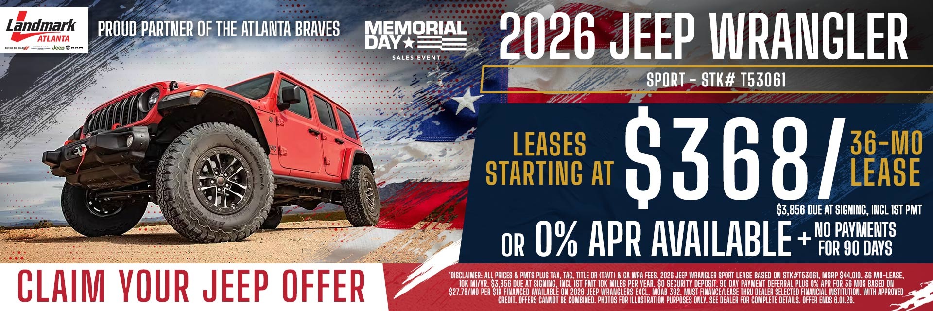 2026 Jeep Wrangler Sport - Leases Starting At $368/mo For 36 MOs OR 0% APR Available + No Payments For 90 Days
