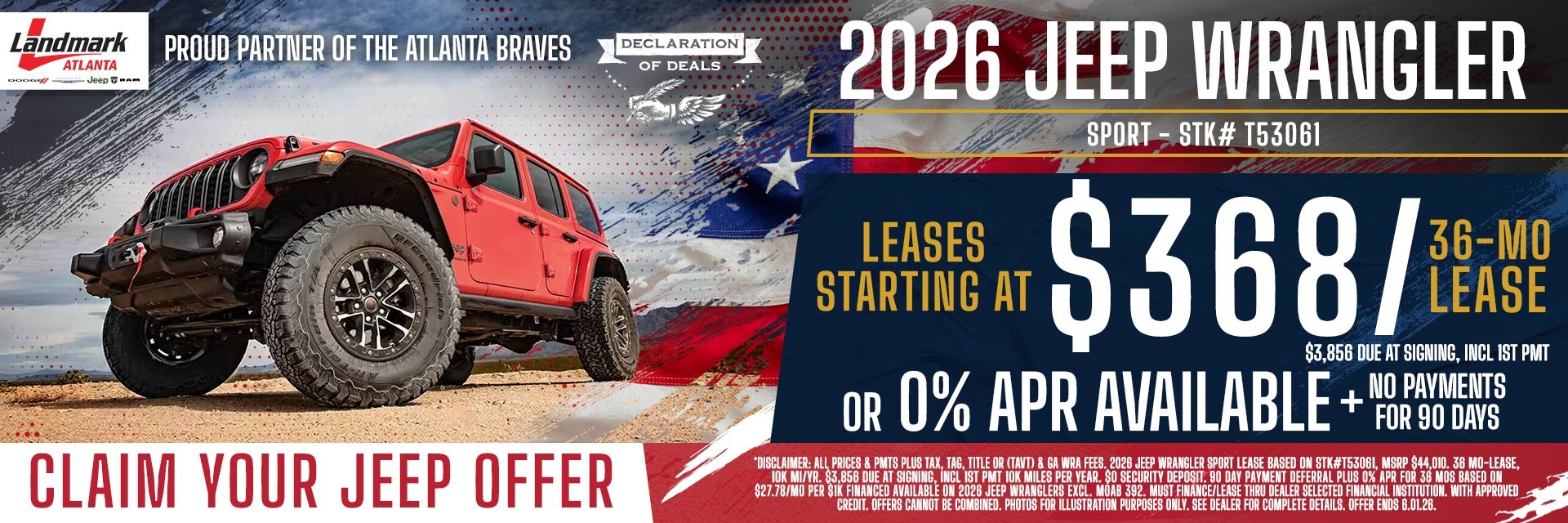 2026 Jeep Wrangler Sport - Leases Starting At $368/mo For 36 MOs OR 0% APR Available + No Payments For 90 Days