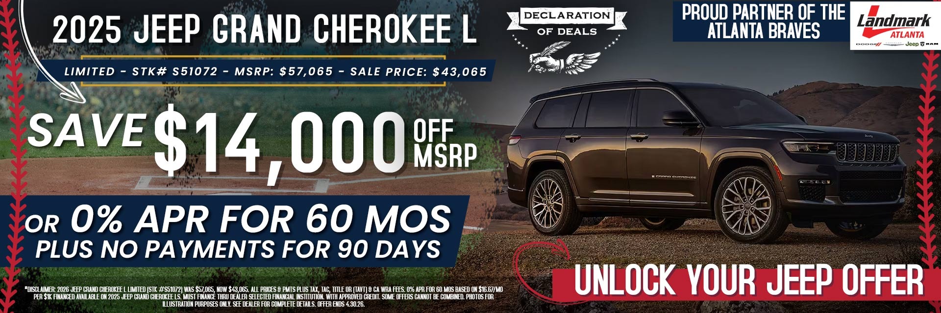 2025 Jeep Grand Cherokee L Limited - Save $14,000 Off MSRP OR 0% APR For 60 MOs + No Payments For 90 Days