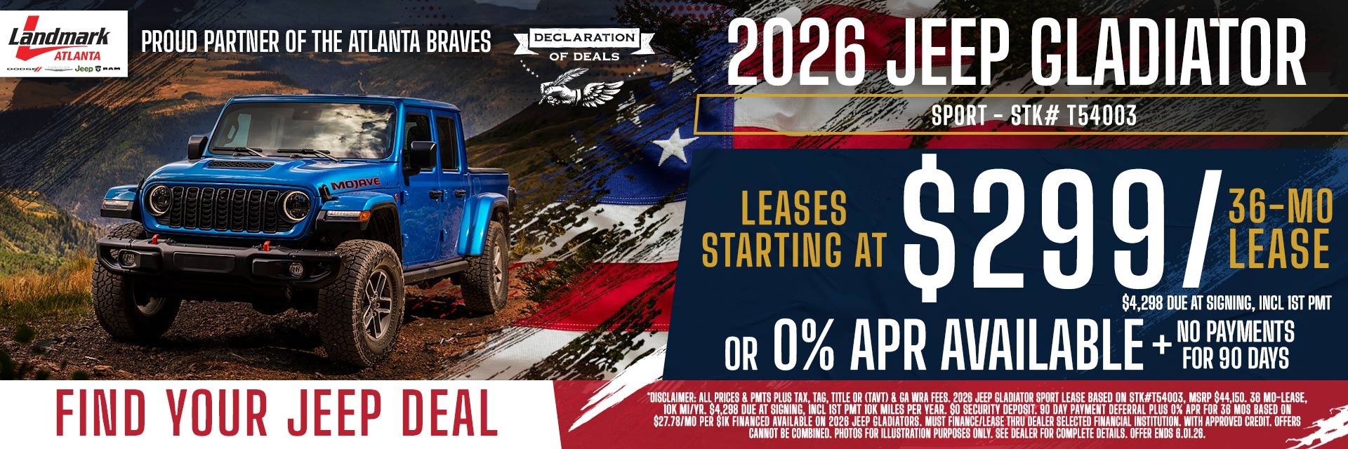 2026 Jeep Gladiator Sport - Leases Starting At $299/mo For 36 MOs OR 0% APR Available + No Payments For 90 Days
