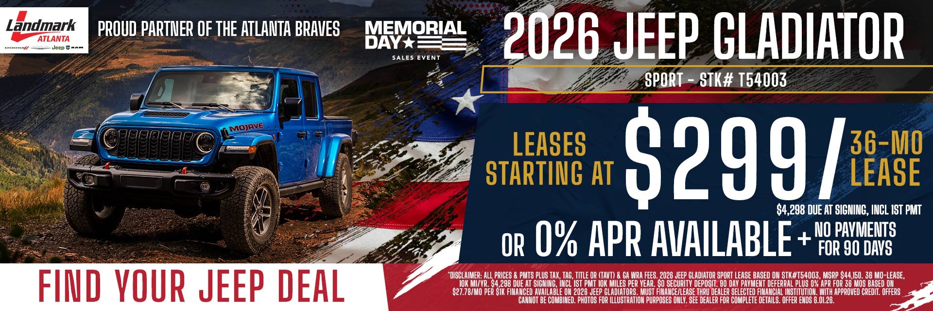 2026 Jeep Gladiator Sport - Leases Starting At $299/mo For 36 MOs OR 0% APR Available + No Payments For 90 Days