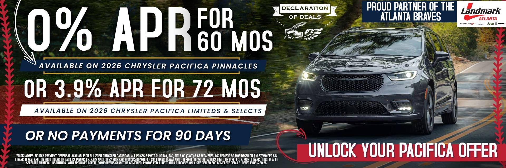 2026 Chrysler Pacifica Pinnacle - 0% APR For 60 MOs; 2026 Chrysler Pacifica Limited/Select - 3.9% APR For 72 MOs OR No Payments